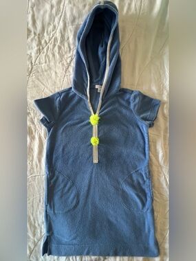 Crewcuts Blue Short-Sleeve Hooded Kids Swim Cover with Neon Pom Pulls